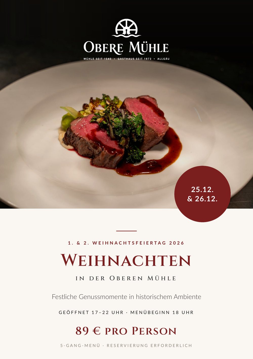 Flyer Weihnachtsmenü in der Oberen Mühle: Rehrücken auf dem Teller, 1. und 2. Weihnachtsfeiertag, 89 Euro pro Person